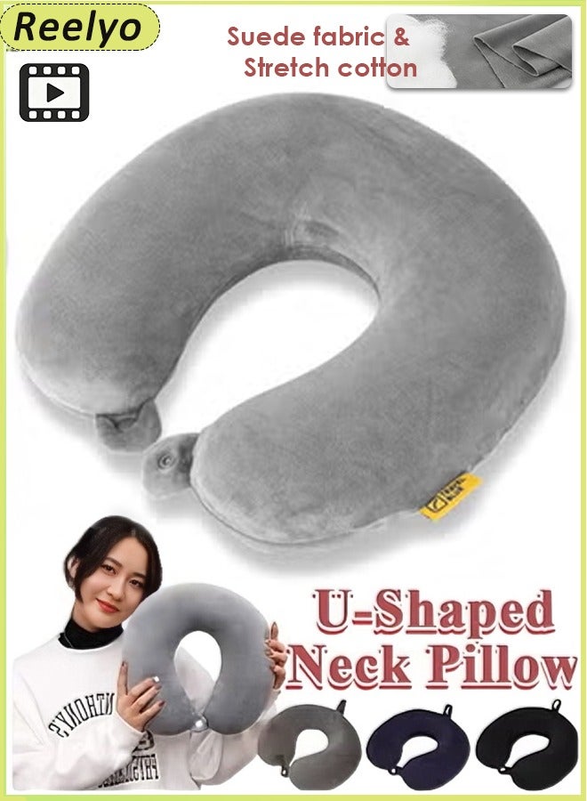 Reelyo Travel Neck Pillow - Lightweight Fleece Casing U-Shaped Stuffable Memory Foam Travel Pillow for Sleeping and Neck Support, Grey - Image 1