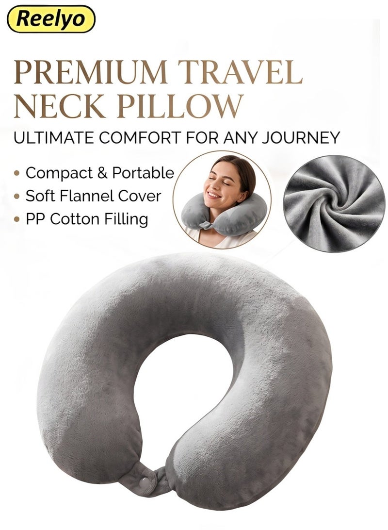 Reelyo Travel Neck Pillow - Lightweight Fleece Casing U-Shaped Stuffable Memory Foam Travel Pillow for Sleeping and Neck Support, Grey - Image 1