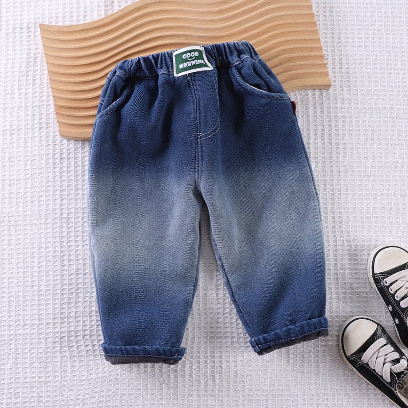 Boys' Fleece-Lined Winter Jeans 2023 New Children'S Thickened Sports Pants Boys' Winter Trousers One-Piece Delivery - Image 1