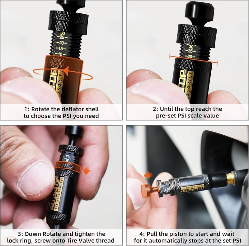 ALL-TOP Adjustable Auto-Stop Tire Deflator Valve Kit (10-30 PSI) 4 PCS Screw-on Tyre Air Down Tool for Offroad 4x4 (with 5 Valve caps) Universal design - Image 4