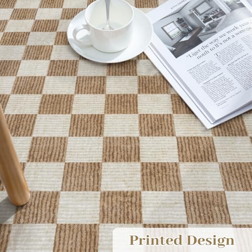 LIVEBOX 3x5 Washable Area Rug Checkered NonSlip Small Entryway Rug Brown Farmhouse Neutral Classic Geometric Boys Rug for Bedroom Room LowPile Carpet for Indoor Kitchen BathroomBrown 3x5 - Image 3