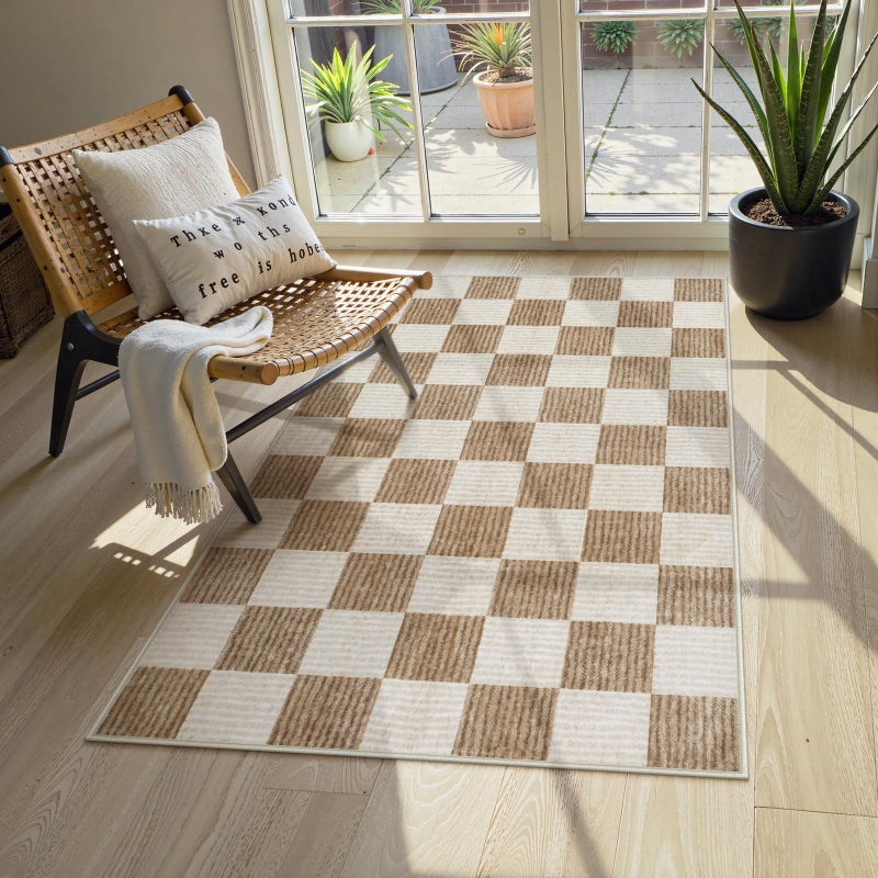 LIVEBOX 3x5 Washable Area Rug Checkered NonSlip Small Entryway Rug Brown Farmhouse Neutral Classic Geometric Boys Rug for Bedroom Room LowPile Carpet for Indoor Kitchen BathroomBrown 3x5 - Image 2