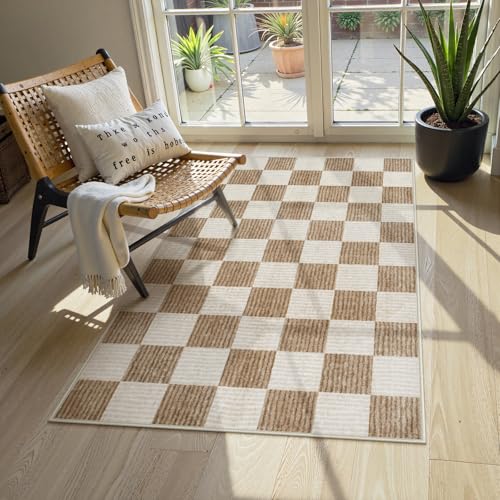 LIVEBOX 3x5 Washable Area Rug Checkered NonSlip Small Entryway Rug Brown Farmhouse Neutral Classic Geometric Boys Rug for Bedroom Room LowPile Carpet for Indoor Kitchen BathroomBrown 3x5 - Image 1
