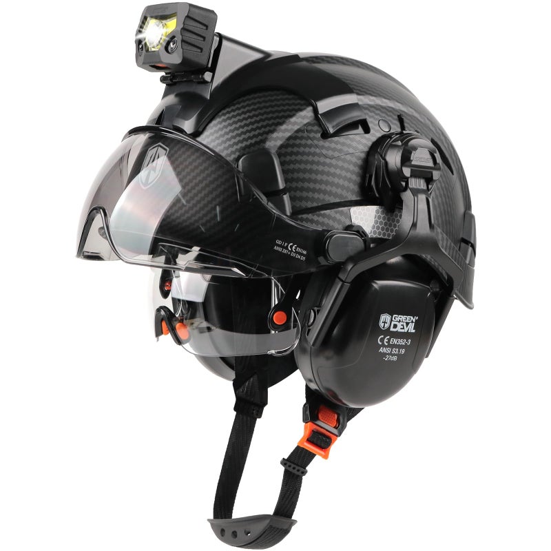 GREEN DEVIL Hard Hat Safety Helmet with Rechargeable Headlamp Light and Visor Ear Muffs Vented Work Hardhat ANSI Z891 Cascos De Construccion for Industrial Construction Forestry