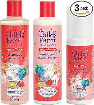 Childs Farm Kids Tangle Taming Hair Regime Bundle Tear Free Strawberry Organic Mint Shampoo 250ml Conditioner 250ml and Hair Detangler Spray 100ml Suitable for All Hair Types 3 Pack - Image 1