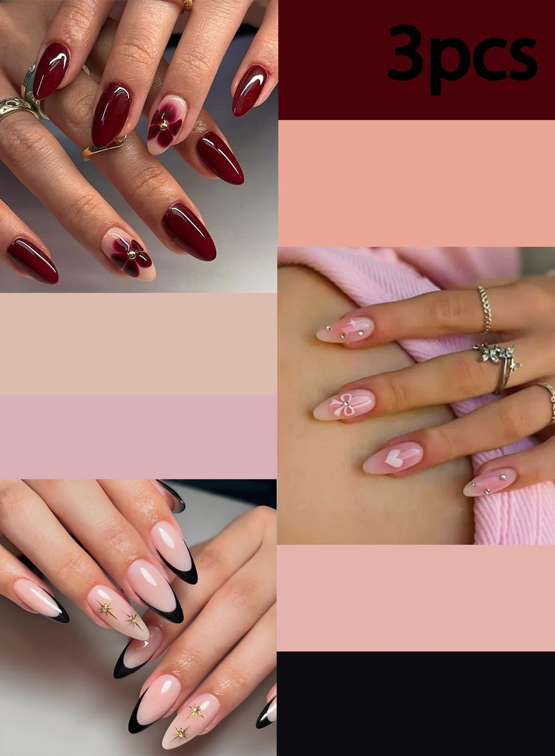 LLASIDO 3 Sets of Almond Nail Set Short Medium Size Fake Nail Strap Glue Reusable, Fake Nail Set Acrylic Nail Patch - Image 1