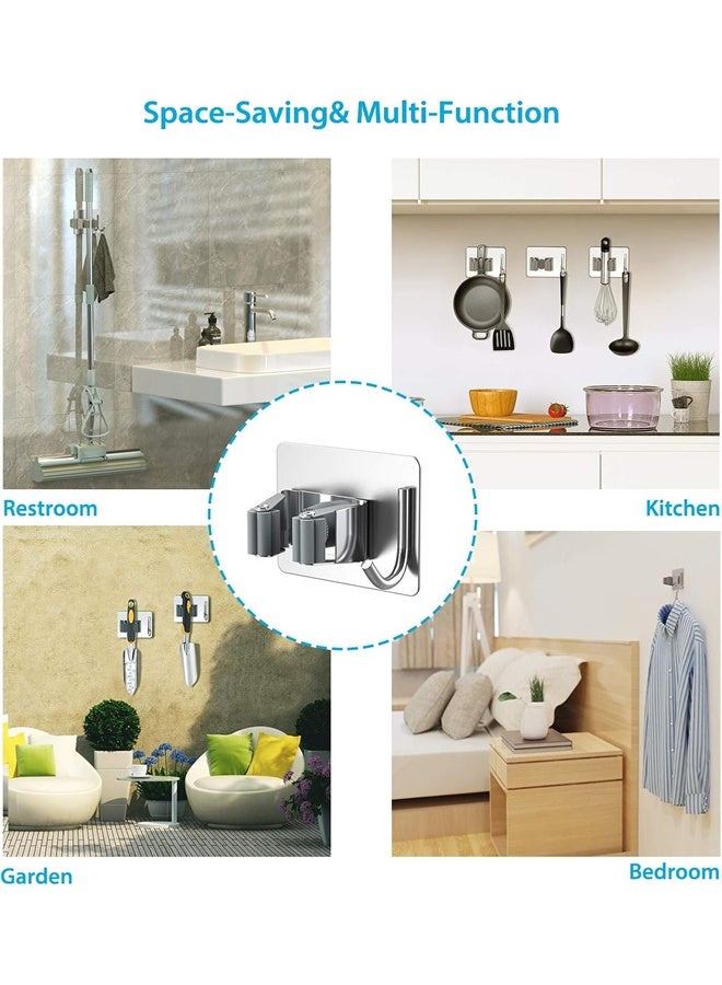 HOMESTAR 4Pcs Broom Holder No Drill, Mop Broom Organizer Wall Mounted Heavy Duty with Hooks Hanger, Self Adhesive Stainless Steel for Bathroom, Kitchen, Office, Grey - Image 4