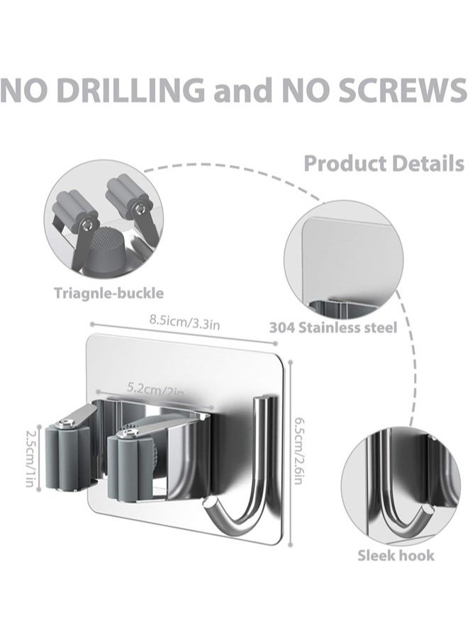 HOMESTAR 4Pcs Broom Holder No Drill, Mop Broom Organizer Wall Mounted Heavy Duty with Hooks Hanger, Self Adhesive Stainless Steel for Bathroom, Kitchen, Office, Grey - Image 5