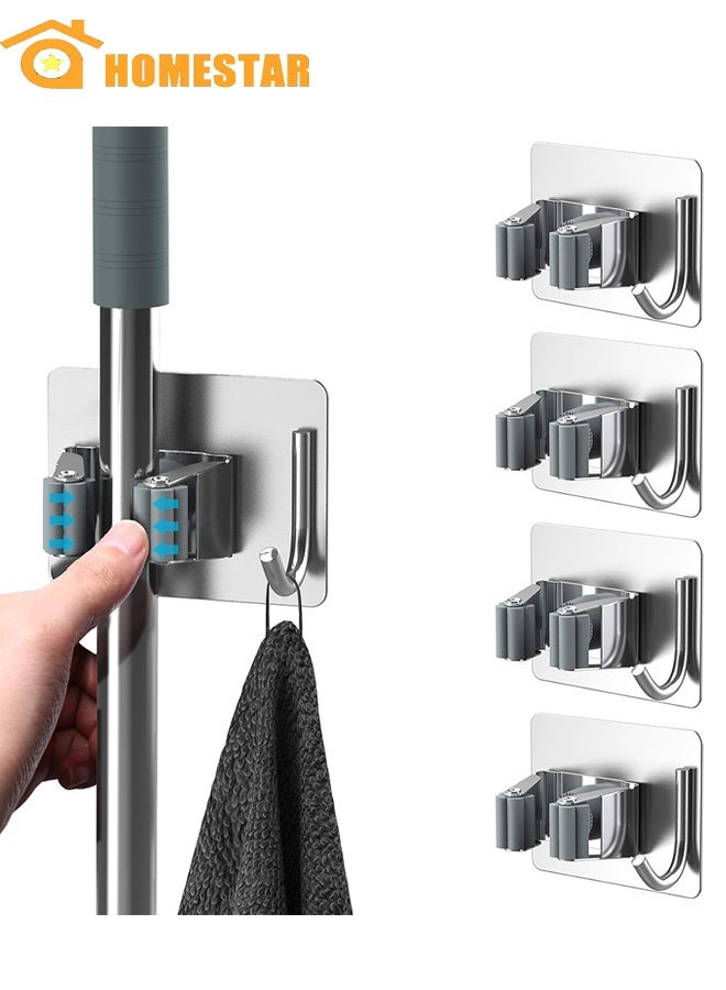 HOMESTAR 4Pcs Broom Holder No Drill, Mop Broom Organizer Wall Mounted Heavy Duty with Hooks Hanger, Self Adhesive Stainless Steel for Bathroom, Kitchen, Office, Grey - Image 1