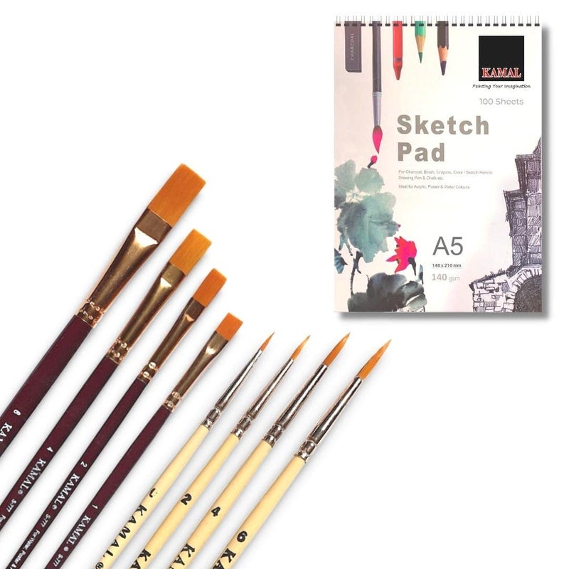 Kamal Combo of Flat Golden Maroon 4 Round 4 Cream Synthetic Hair Paint Brushes and A5 Sketch Pad 120LB/140GSM 50 Sheets - Image 1