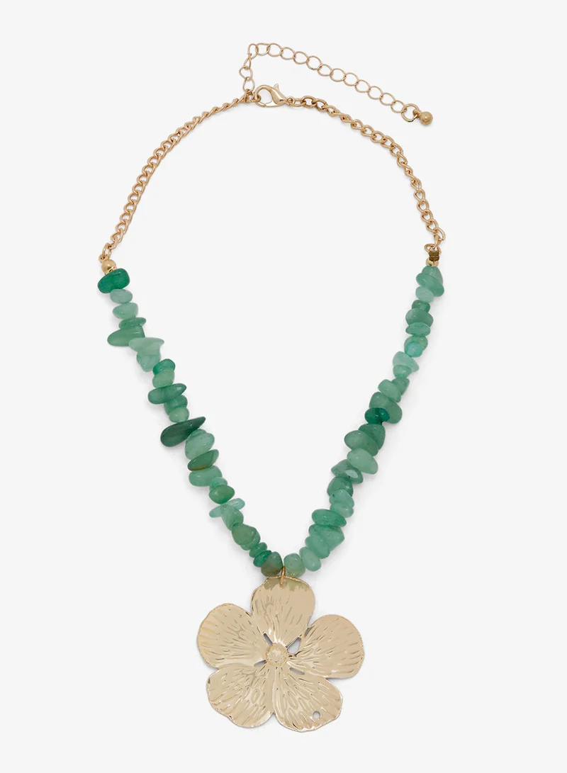 ايلا Stone Beaded Necklace with Golden Flower Charm