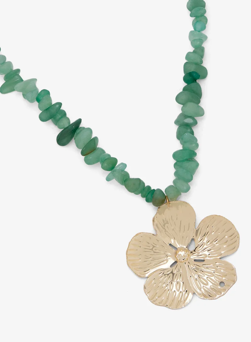 ELLA Stone Beaded Necklace with Golden Flower Charm