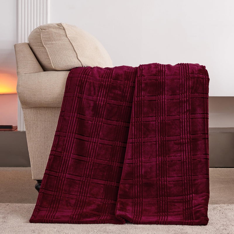 KORBLISS Super Soft Flannel Throw Blanket 50x60 Inches, Premium Checkered Jacquaed Silky Fleece Lightweight Bed Blanket All Season Use, Burgundy Strip, 50"x60" - Image 2