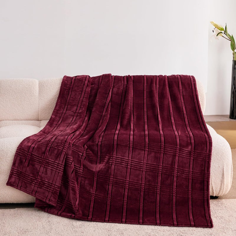 KORBLISS Super Soft Flannel Throw Blanket 50x60 Inches, Premium Checkered Jacquaed Silky Fleece Lightweight Bed Blanket All Season Use, Burgundy Strip, 50"x60" - Image 1