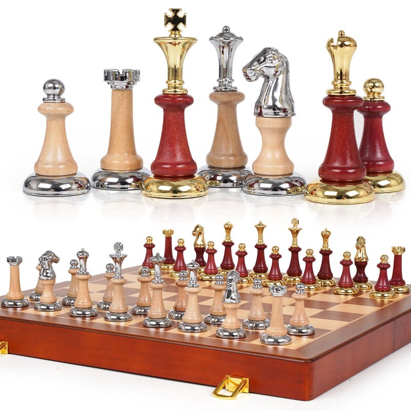Kvintes Large Wooden Chess Set with Metal Wooden Chess Pieces Luxury 17 Inch Chess Board Game with 2 Extra Queens Premium Classic Strategy Board Game for Adults Kids Beginners Gift Lovers - Image 3