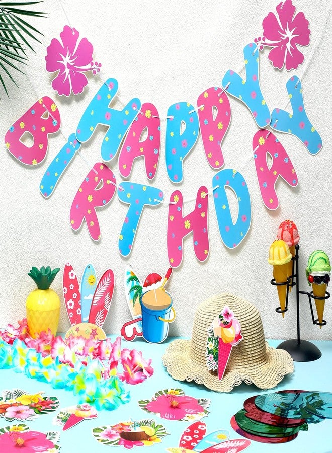 Moinchore Hibiscus Birthday Party Decorations Happy Birthday Banner with Luau Hibiscus Flower Hanging Swirls Pink Blue Hawaiian Tropical Themed Party Supplies Tropical Luau Summer Decorations - Image 4