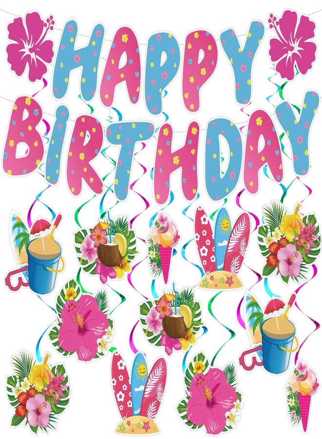 Moinchore Hibiscus Birthday Party Decorations Happy Birthday Banner with Luau Hibiscus Flower Hanging Swirls Pink Blue Hawaiian Tropical Themed Party Supplies Tropical Luau Summer Decorations - Image 1