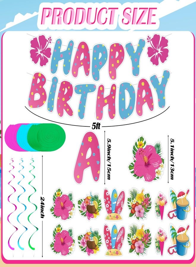 Moinchore Hibiscus Birthday Party Decorations Happy Birthday Banner with Luau Hibiscus Flower Hanging Swirls Pink Blue Hawaiian Tropical Themed Party Supplies Tropical Luau Summer Decorations - Image 2