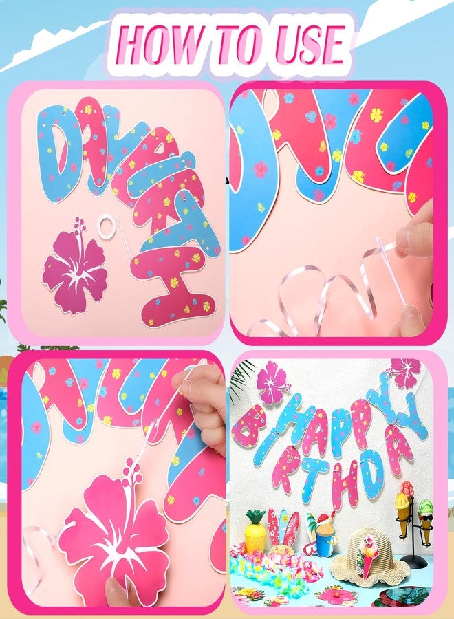 Moinchore Hibiscus Birthday Party Decorations Happy Birthday Banner with Luau Hibiscus Flower Hanging Swirls Pink Blue Hawaiian Tropical Themed Party Supplies Tropical Luau Summer Decorations - Image 3