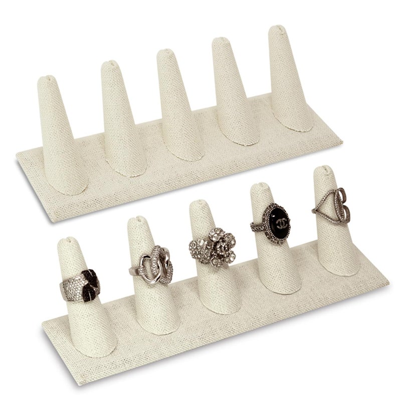 MOOCA 2 Pcs Set Ring Organizer for Showcase Display Drawer 5 Long Ring Storage Holder Jewelry Display Stands Showcase Jewelry Storage Counter Beige Linen 8 W x 2 18 D x 2 12 H in