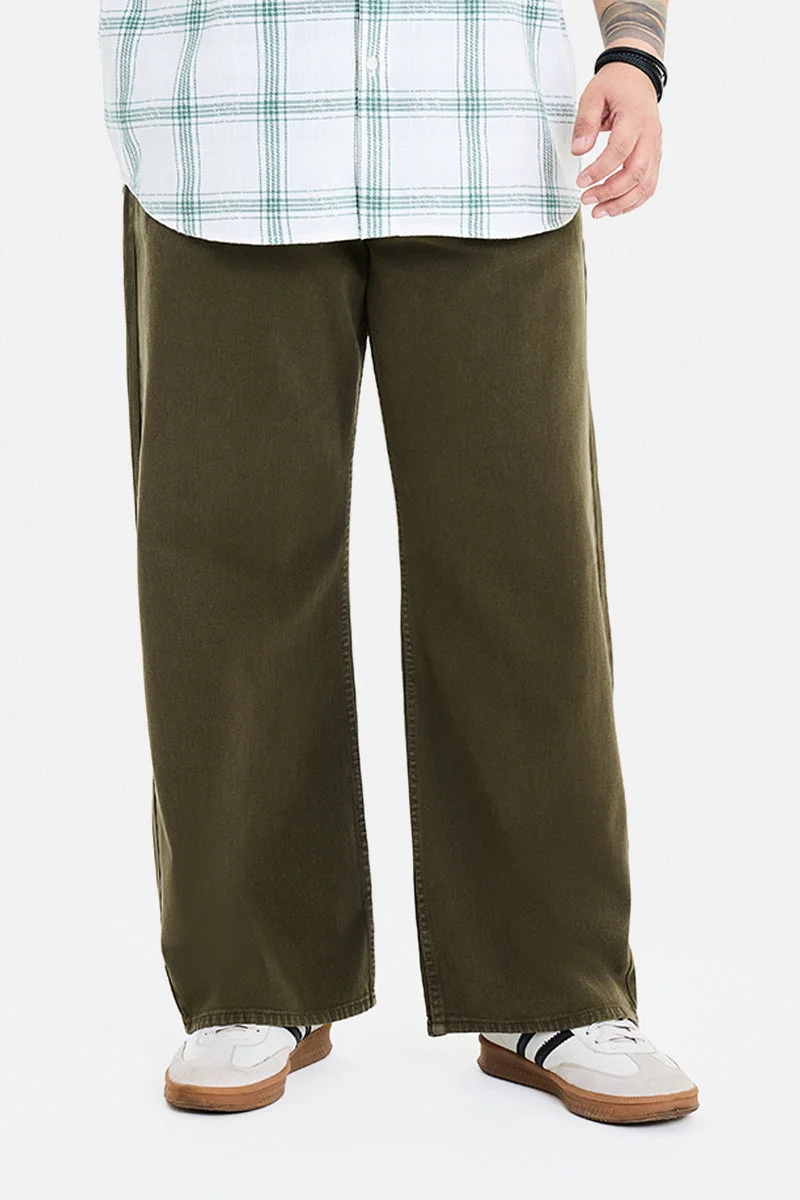 سنيتش Dark Olive Green Solid Relaxed Casual Plus Size Jeans