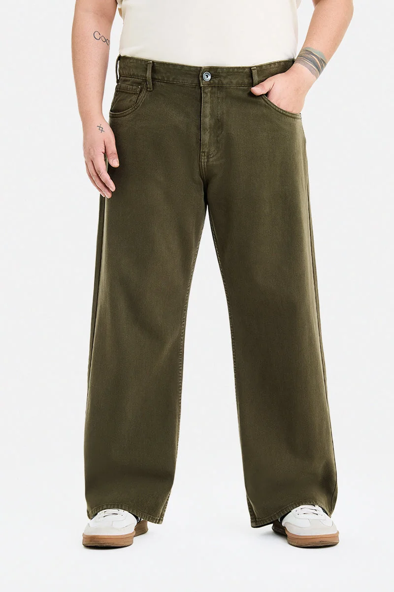 SNITCH Dark Olive Green Dark Olive Green Solid Relaxed Casual Plus Size Jeans for Men | Best Price UAE