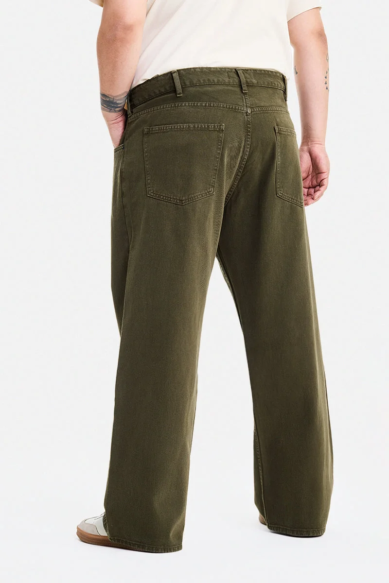 SNITCH Dark Olive Green Dark Olive Green Solid Relaxed Casual Plus Size Jeans for Men | Best Price UAE