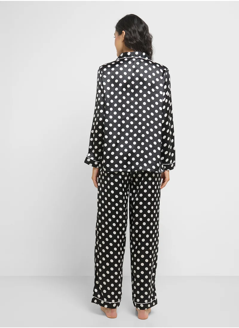 جينجر Satin Polka Dot Shirt & Pyjama Set