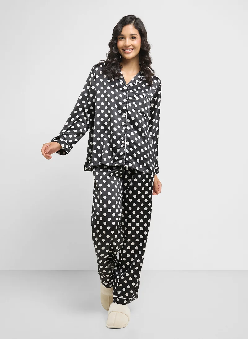 Ginger Satin Polka Dot Shirt & Pyjama Set