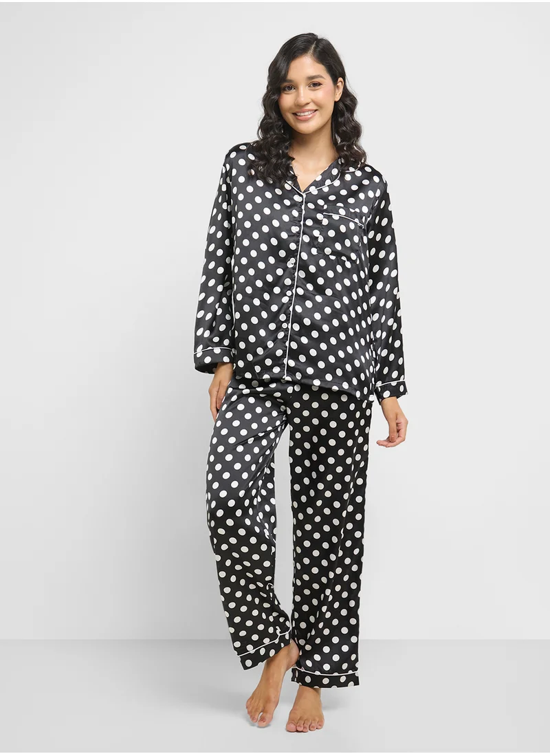 جينجر Satin Polka Dot Shirt & Pyjama Set