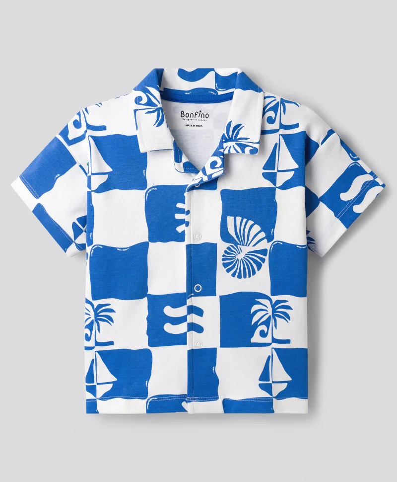 Bonfino Bonfino 100% Cotton Beach Theme Printed Shirt & Shorts Set - White & Blue