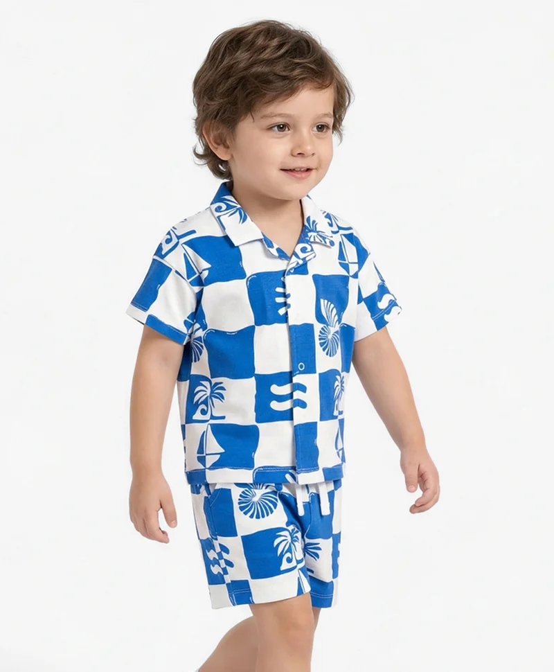 Bonfino Bonfino 100% Cotton Beach Theme Printed Shirt & Shorts Set - White & Blue