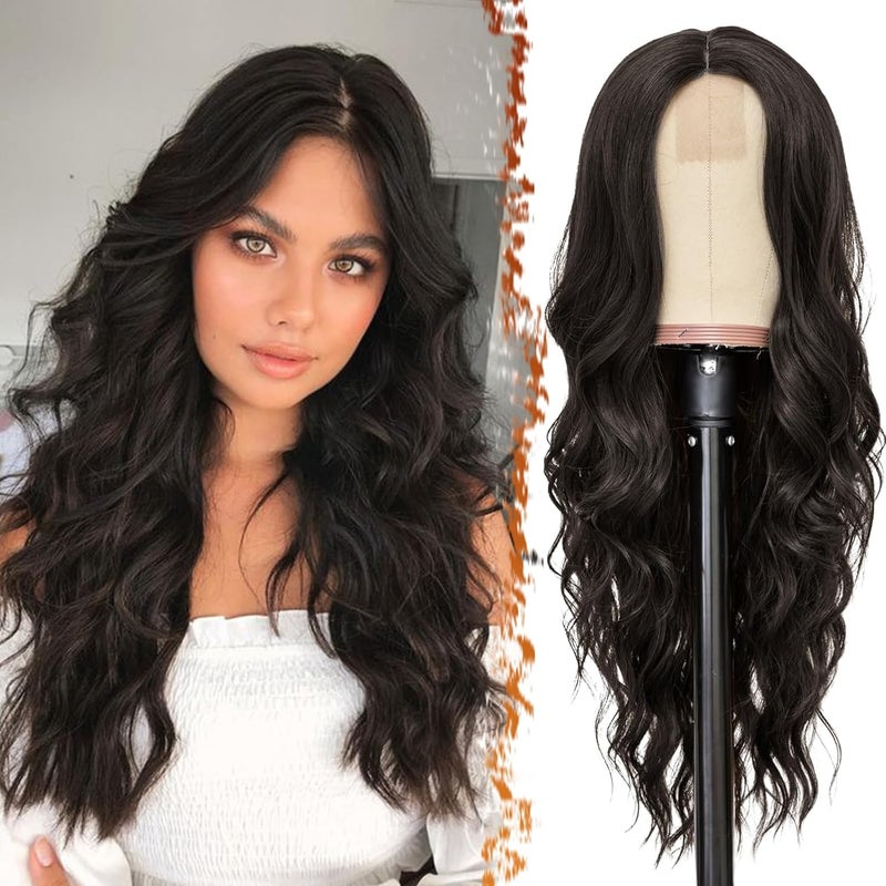 BARSDAR Long Dark Brown Wig  26 Inch Long Wavy Middle Part Wig for Women  Curly Wavy Natural Looking Soft Synthetic Hair Replacement Wig Daily Party Cosplay Halloween Wigs Dark Brown