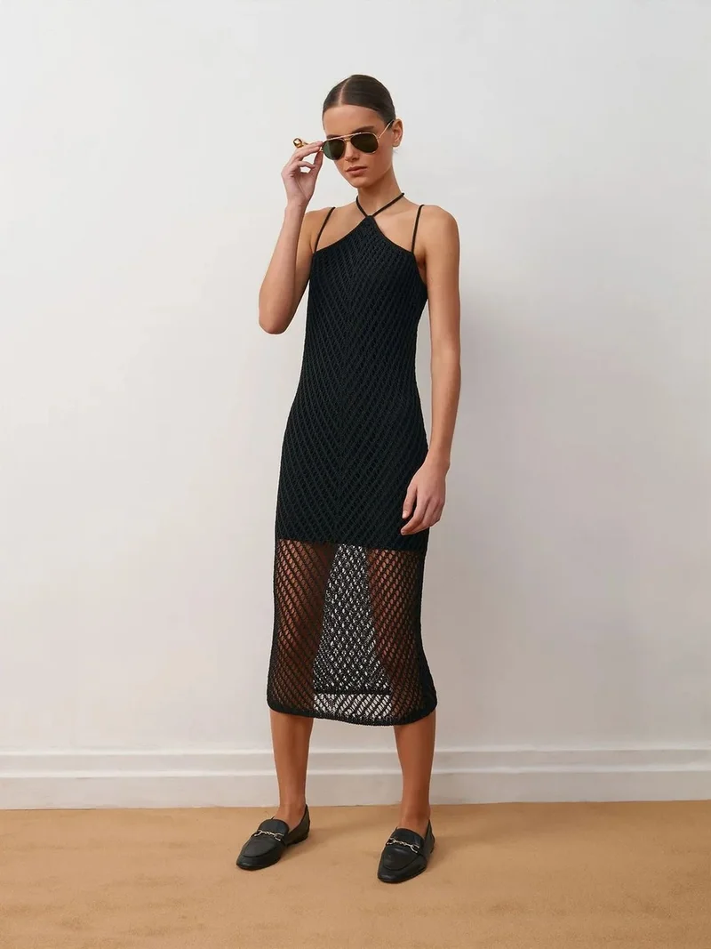 ديلفين Dilvin Textured Halter Midi Dress With Cut-Out