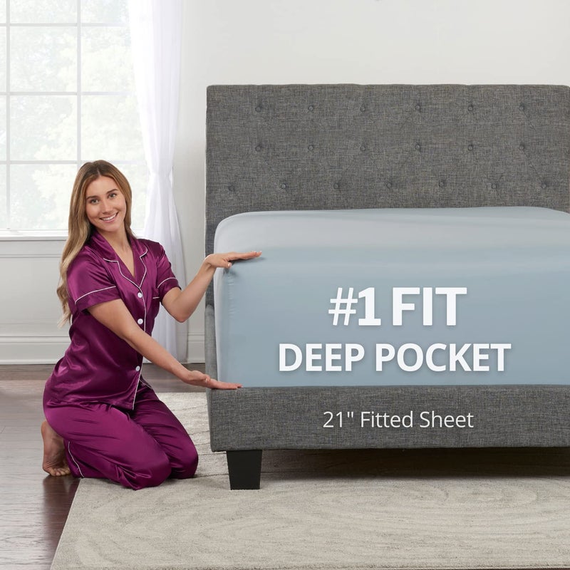 DeaLuxe Extra Deep Pocket Queen Fitted Sheet  18  21 Inch  Extra Deep Pocket Fitted Sheet Only  1 Fitted Bed Sheet with Deep Pockets for Pillow Top Mattress Queen Size Fitted Sheets Light Blue