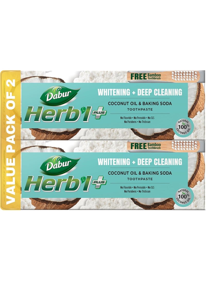 دابر معجون أسنان دابور هيربال بلس بزيت جوز الهند وصودا الخبز (2 × 150 غرام + فرشاة أسنان من الخيزران) | تبييض وتنظيف عميق | خالٍ من الفلورايد، وكبريتات لوريل الصوديوم، والتريكلوسان، والبارابين | عبوة اقتصادية - Image 1