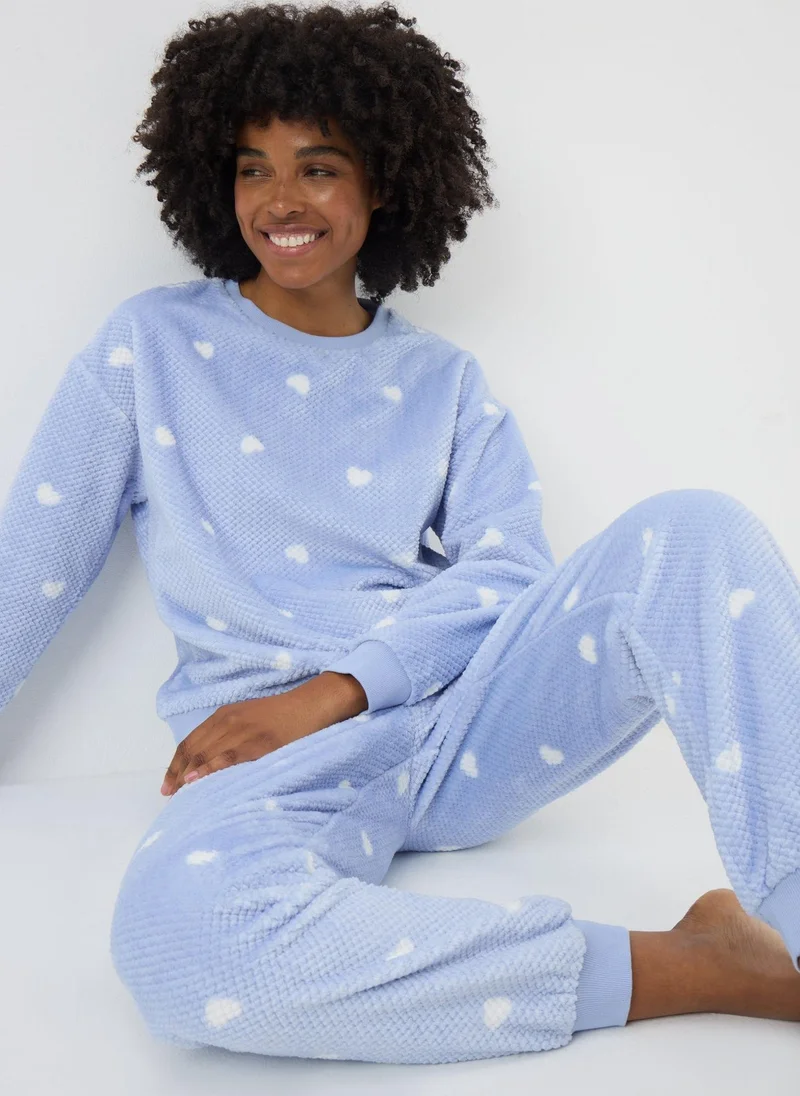 Matalan Blue Heart Textured Fleece Pyjama Set