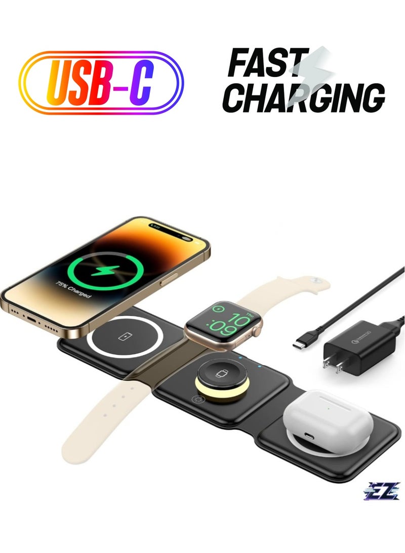 ELTRAZONE 3-in-1 Foldable Wireless Charger – Fast Magnetic Charging Station for iPhone 16/15/14/13/12/11 Pro Max/X/XS, AirPods 3/2/Pro & Apple Watch  - Image 1