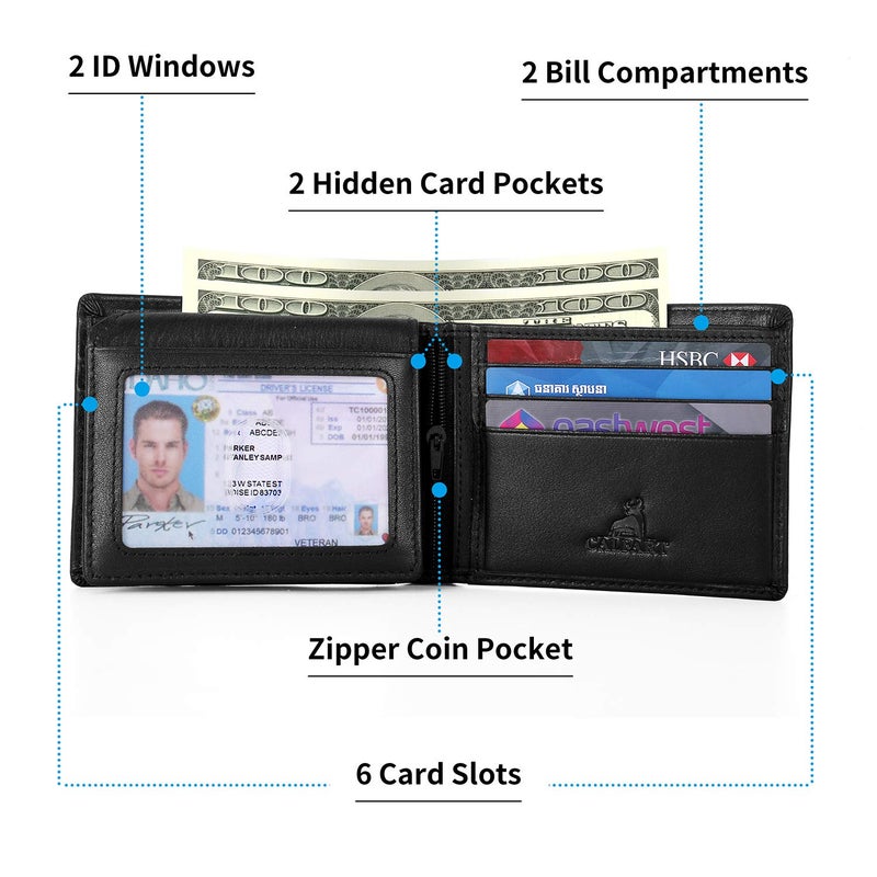 CALFART Slim RFID Blocking Leather Wallet for Men, Front Pocket Bifold Wallet with Zipper Coin Pocket and 2 ID Windows, Credit Card Holder - Image 2