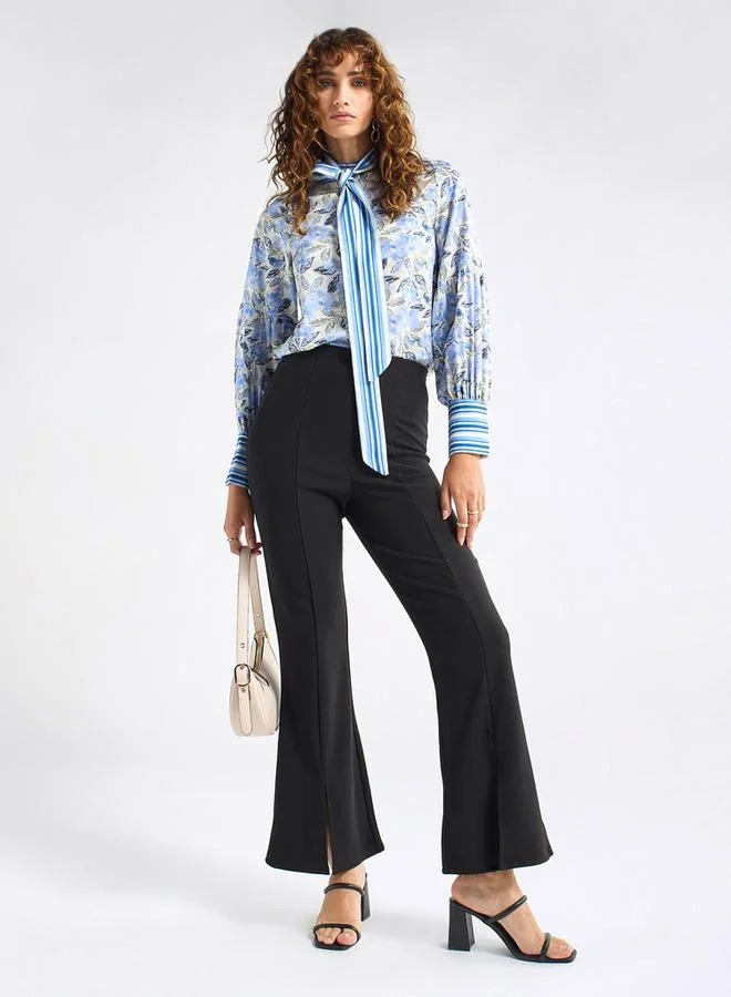 Splash FAV All-Over Floral Print Top with Mandarin Collar and Long Sleeves