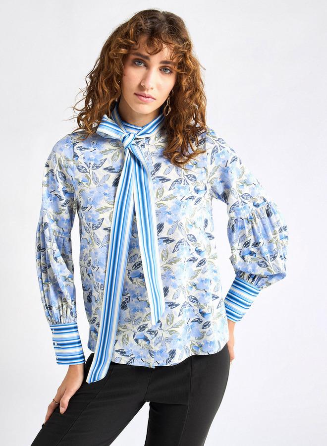 Splash FAV All-Over Floral Print Top with Mandarin Collar and Long Sleeves - Image 1