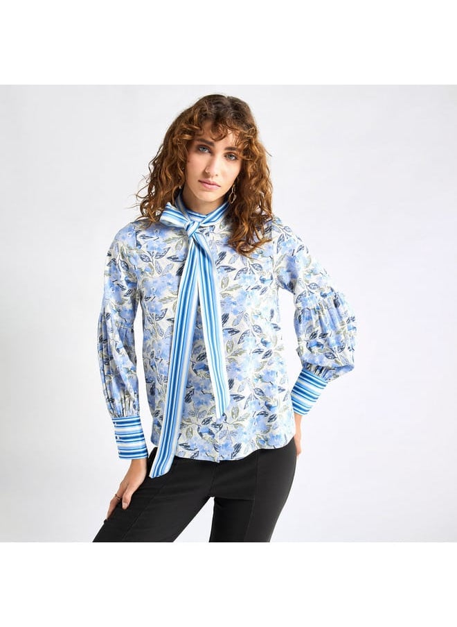 FAV - All-Over Floral Print Top with Mandarin Collar and Long Sleeves - Image 1