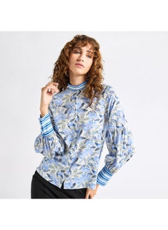 FAV All-Over Floral Print Top with Mandarin Collar and Long Sleeves  - Image 4