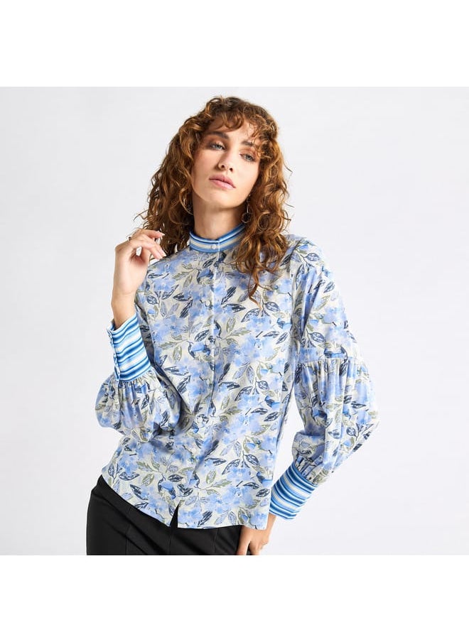 FAV - All-Over Floral Print Top with Mandarin Collar and Long Sleeves - Image 1