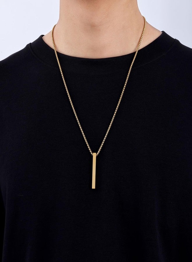 Fiusem Pendant Necklace for Men, Silver Tone/14k Gold Plated/Black Mens Penddant Necklaces with 2.5 mm Box Chain, Stainless Steel Bar Chain, 18-28 Inches, 24 Inches, Stainless Steel, No Gemstone - Image 2