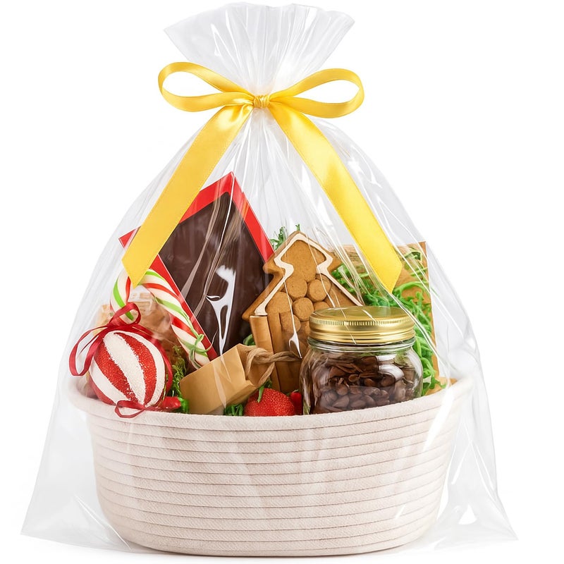 GiftExpress سلة هدايا وايت ويفن من جيفت إكسبريس مع حقيبة شفافة وشريط 13 × 8 × 5 حبل قطن فارغ سلة زينة مع مقبض تخزين ناعم لتنظيم ألعاب الأطفال والضروريات - Image 5