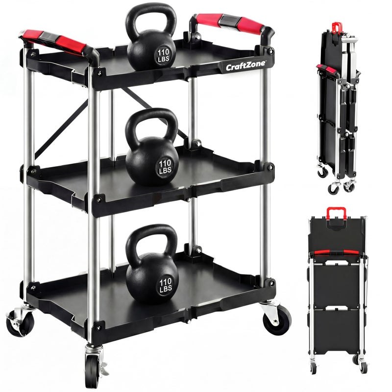 CRAFTZONE Folding Service Cart,Rolling Utility Cart,330 LBS Collapsible Service Cart,3 Shelf Heavy Duty Foldable Tool Cart - Image 1