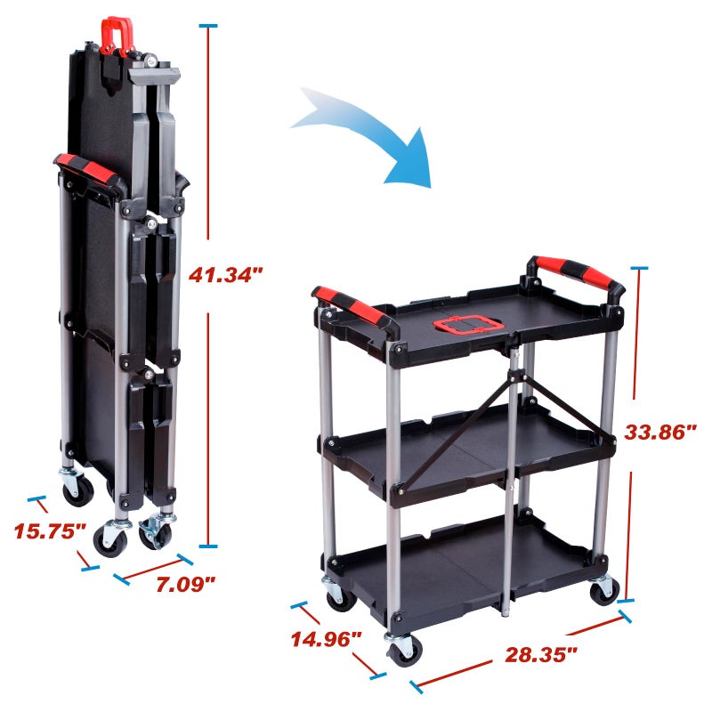CRAFTZONE Folding Service Cart,Rolling Utility Cart,330 LBS Collapsible Service Cart,3 Shelf Heavy Duty Foldable Tool Cart - Image 4