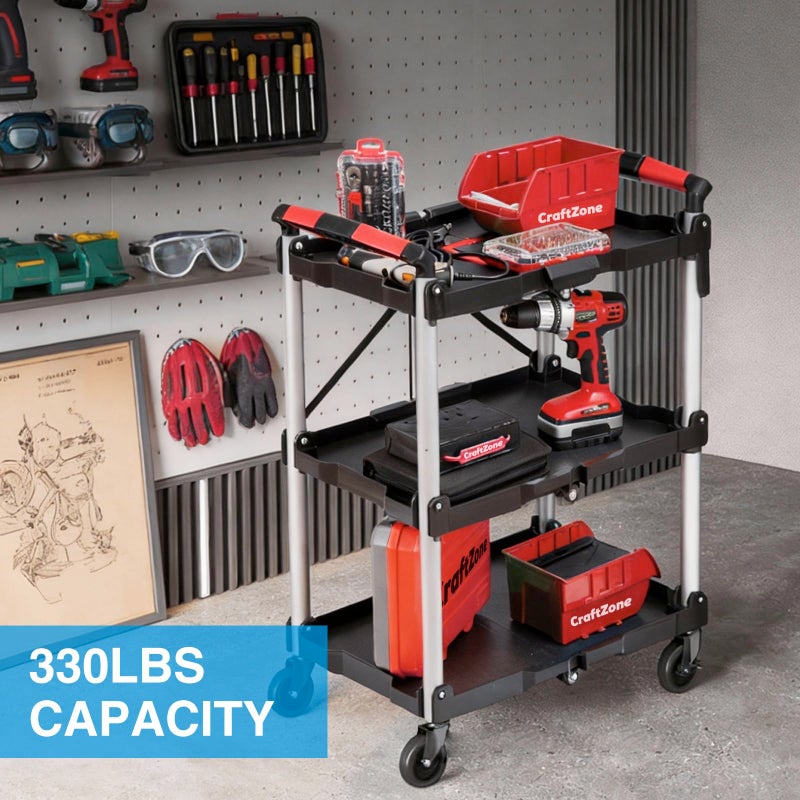 CRAFTZONE Folding Service Cart,Rolling Utility Cart,330 LBS Collapsible Service Cart,3 Shelf Heavy Duty Foldable Tool Cart - Image 2