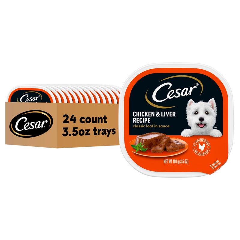 Cesar Classic Loaf in Sauce Adult Wet Dog Food Chicken and Liver Recipe, Wet Food for Dogs, 3.5 oz Easy Peel Trays, 24 Count - Image 1